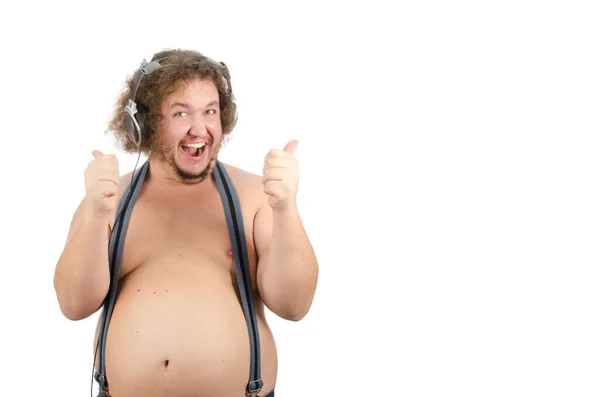 Funny Fat Guy Listens Music Headphones — Stock Photo, Image