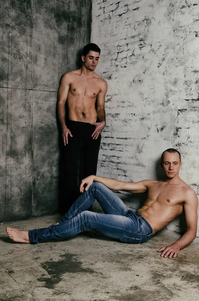 Two Athletic Wet Guys Love Black Background — Stock Photo, Image