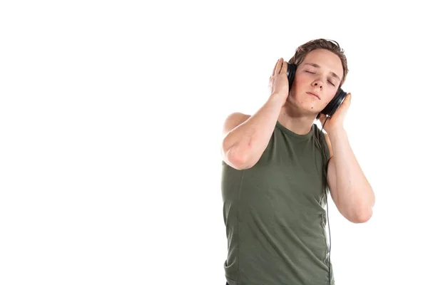 Jeune Étudiant Attrayant Écoute Musique Fond Blanc — Photo