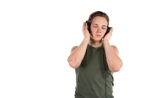 Jeune Étudiant Attrayant Écoute Musique Fond Blanc — Photo