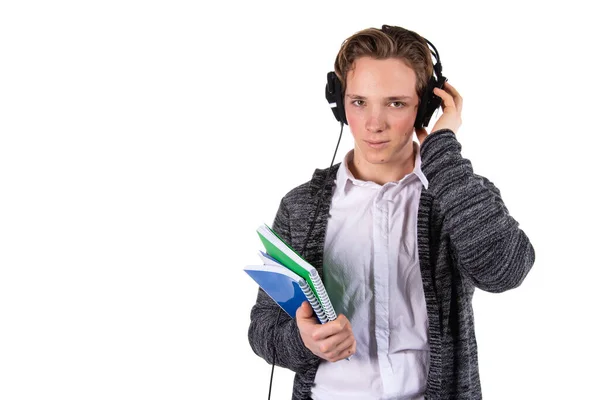 Jeune Étudiant Attrayant Écoute Musique Fond Blanc — Photo