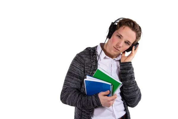 Νέος Ελκυστικός Μαθητής Ακούει Μουσική Λευκό Φόντο — Φωτογραφία Αρχείου