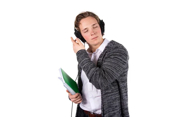 Jeune Étudiant Attrayant Écoute Musique Fond Blanc — Photo