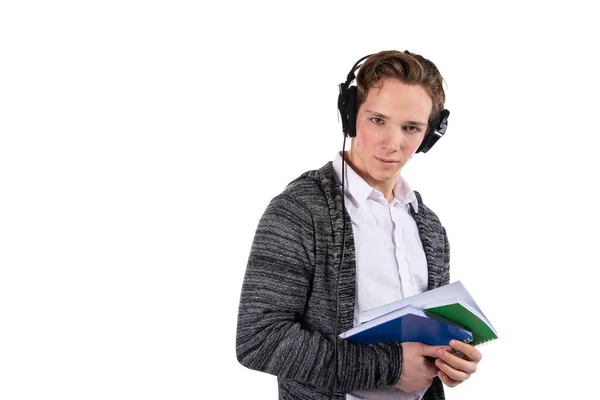 Jeune Étudiant Attrayant Écoute Musique Fond Blanc — Photo