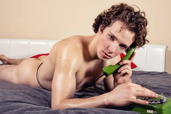 Young Handsome Guy Home Bed — Stock Photo, Image