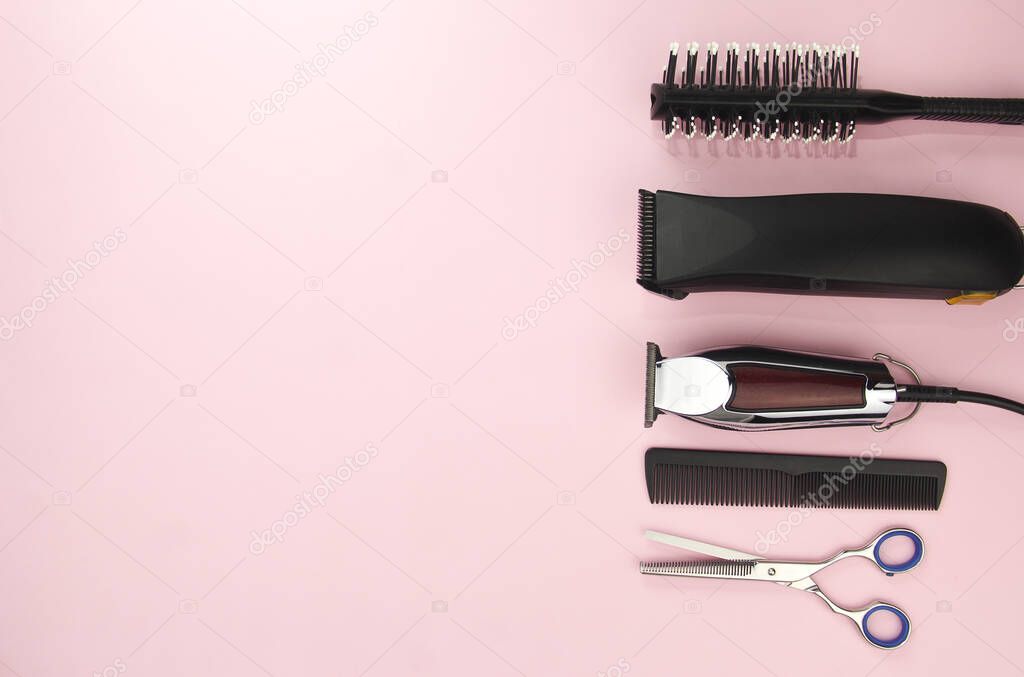Professional hairdressing tools and accessories with left side copy space