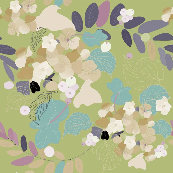 Hydrangea flowers, decorative berries and leaves. Seamless patte