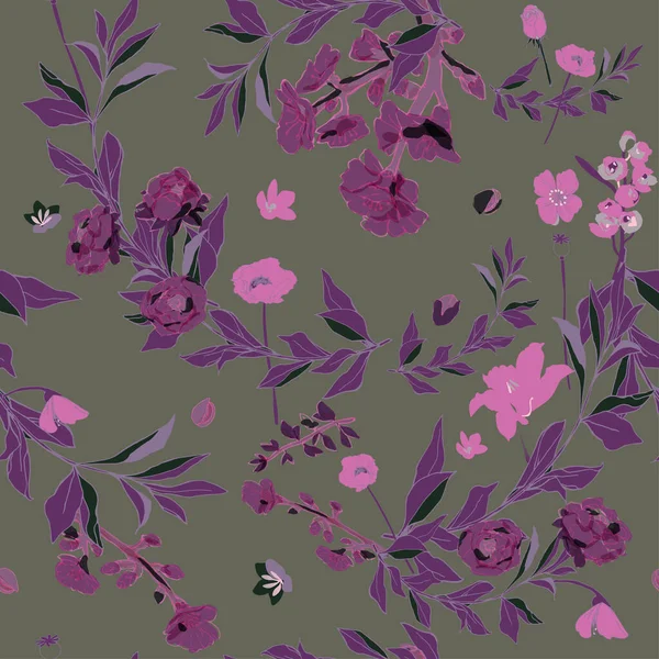 Plum, purple flowers of roses and poppies, twigs of grass and leaves on sage brown color background. Seamless vector pattern. Illustration with plants.