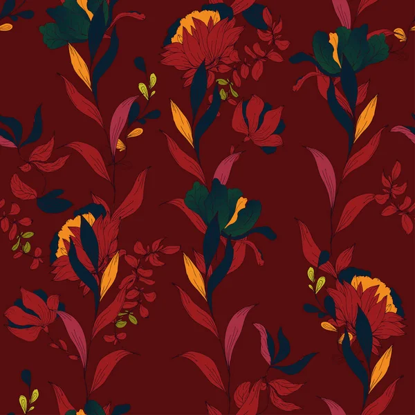 Seamless Floral Pattern In Vine Red Colors Delicate Graceful Background Of Inflorescences Petals Leaves Stems And Flowers Hand Drawn With Ink Vector Illustration With Plants Stock Images Page Everypixel