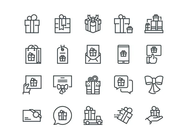 Geschenken. Set van overzicht vector iconen. Omvat zoals Gift Card, huidige bieden, lint en andere — Stockvector