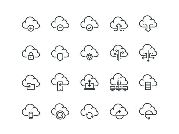 Almacenamiento en nube. Conjunto de iconos vectoriales de contorno. Incluye como sincronización de datos, transferencia, acceso y otros . Vectores De Stock Sin Royalties Gratis