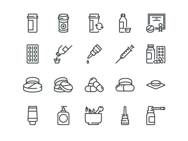 Pastillas. Conjunto de iconos vectoriales de contorno. Incluye como Gel, Inhalador, Receta, Jarabe y otros — Vector de stock