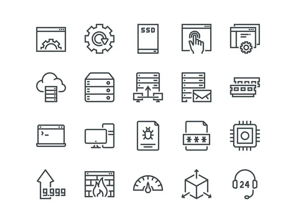 Hosting. Set of outline vector icons. Includes such as SSD Disk, Control Panel, Traffic, Firewall and other. Editable Stroke. 48x48 Pixel Perfect. — Stock Vector