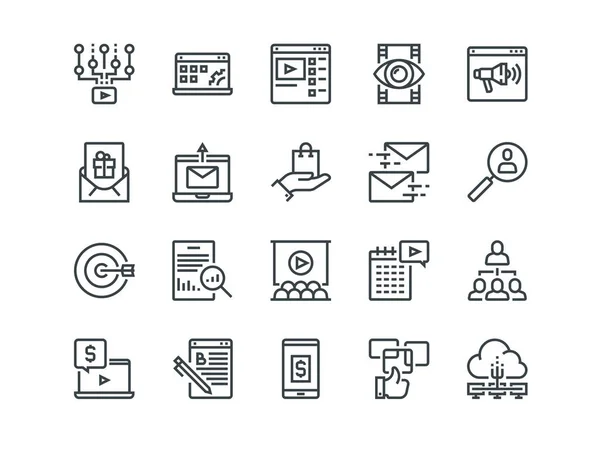 Digital Marketing. Set of outline vector icons. Includes such as Viral video, E-commerce, Analytics and other. Editable Stroke. 48x48 Pixel Perfect. — Stock Vector