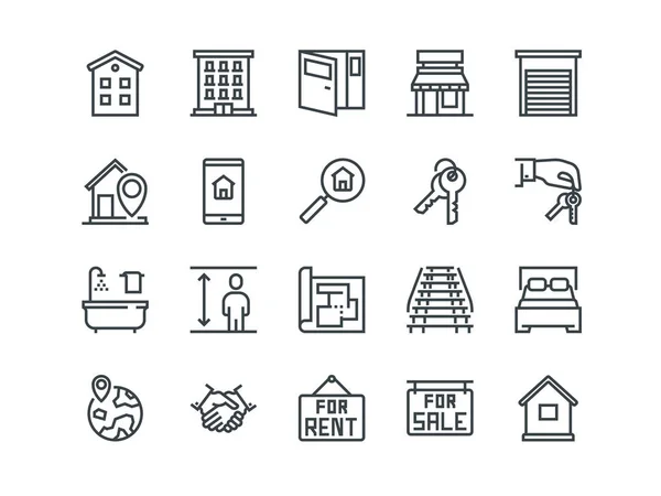 Imóveis. Conjunto de ícones vetoriais de contorno. Inclui, tais como propriedade, edifício, apartamento e outros. Curso Editável. 48x48 Pixel perfeito . — Vetor de Stock
