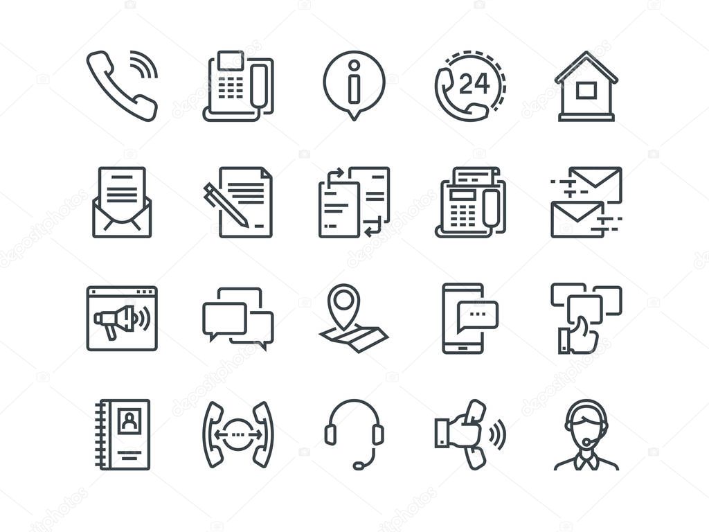 Contact us. Set of outline vector icons. Includes such as Operator, Support, Social and other. Editable Stroke. 48x48 Pixel Perfect.