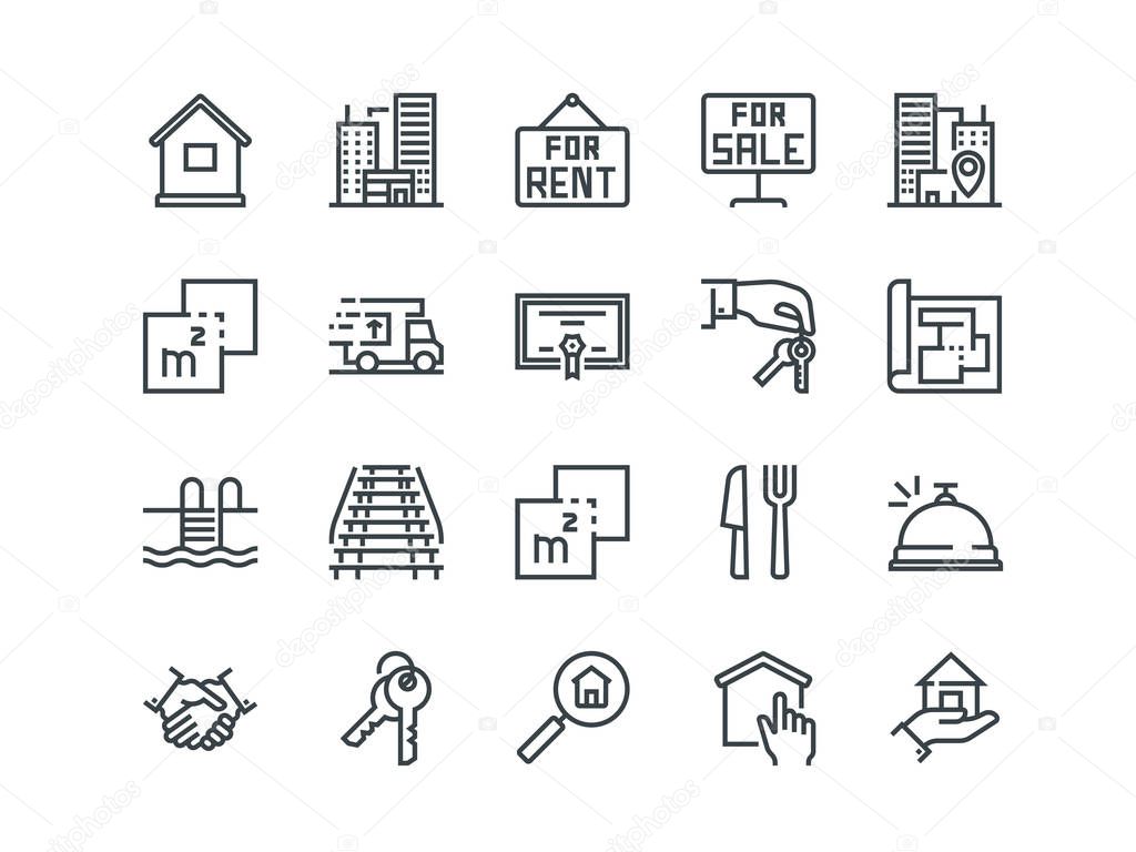 Real Estate. Set of outline vector icons. Includes such as Property, Keys, Blueprint and other. Editable Stroke. 48x48 Pixel Perfect.