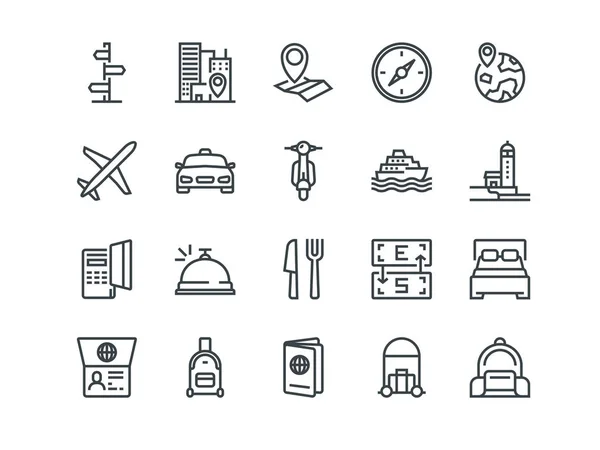 Reizen. Set van overzicht vector iconen. Omvat zoals Hotel, Route, Valutawissel en andere. Bewerkbare beroerte. 48 x 48 Pixel Perfect. Rechtenvrije Stockvectors