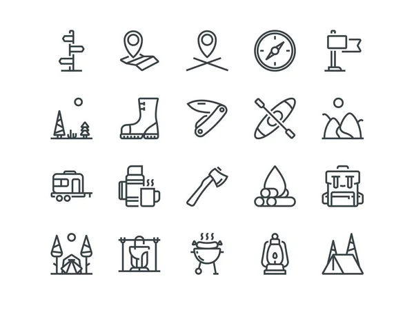 Camping. Set of outline vector icons. Includes such as Tent, Canoe, Compass and other. Editable Stroke. 48x48 Pixel Perfect. — Stock Vector