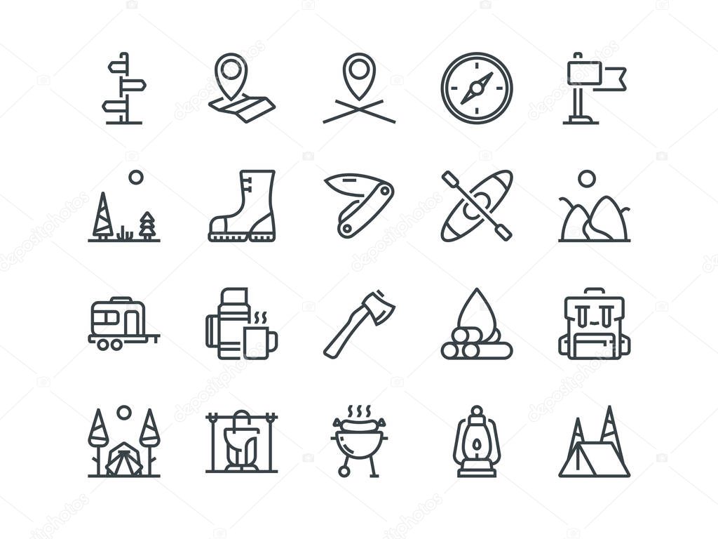 Camping. Set of outline vector icons. Includes such as Tent, Canoe, Compass and other. Editable Stroke. 48x48 Pixel Perfect.
