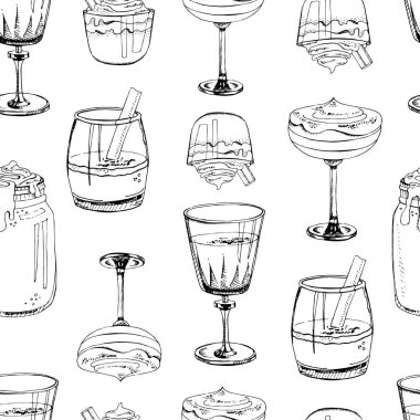 Vektör çizimi. Beyaz arka planda izole edilmiş sıcak kış içecekleriyle el yapımı, pürüzsüz desenler. Eggnog. Yeni yıl tasarımı için baskı. Tek renkli sonsuz dokular. Siyah ve beyaz