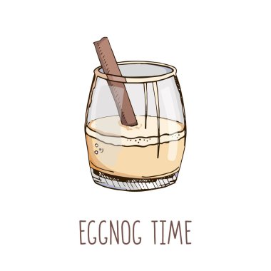 Pastel renklerde el çizimi vektör görüntüsü ve beyaz üzerine izole edilmiş modern ışık dar harfleri. Eggnog zamanı. Popüler Noel kokteyli. Kış tatili menüsü, poster, tebrik kartı şablonu