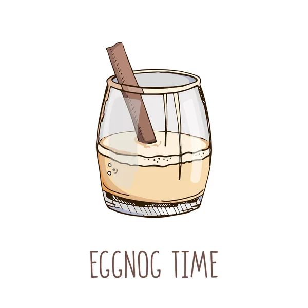 Pastel renklerde el çizimi vektör görüntüsü ve beyaz üzerine izole edilmiş modern ışık dar harfleri. Eggnog zamanı. Popüler Noel kokteyli. Kış tatili menüsü, poster, tebrik kartı şablonu