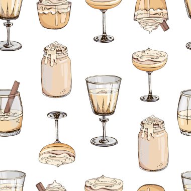 Renkli vektör çizimi. Beyaz arka planda izole edilmiş sıcak kış içecekleriyle el yapımı, pürüzsüz desenler. Eggnog. Yeni yıl tasarımı için tekstil baskısı. Sonsuz doku. Ajanda, defter için kapak