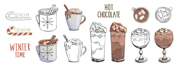 Serie di illustrazioni vettoriali disegnate a mano isolate su bianco. Cioccolata calda con bastoncini di zucchero natalizio e marshmallow. Progettazione di cocktail per la decorazione del menu. Tavola di umore di anno nuovo. Contorno e colore — Vettoriale Stock