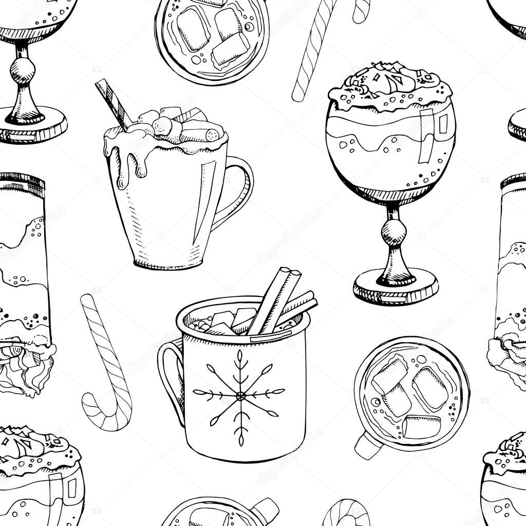 Vector illustration. Hand drawn seamless pattern with hot winter drinks isolated on white background. Christmas candy cane and marshmallow. Print for New Year design. Endless texture