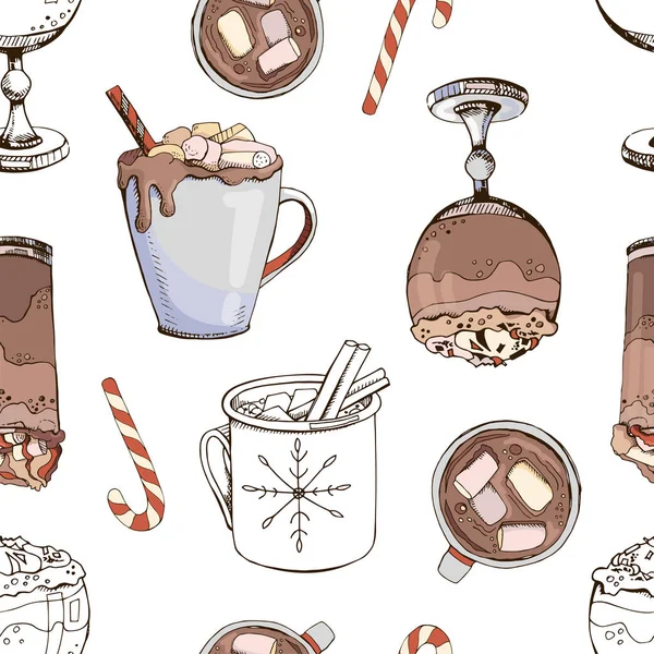 Illustration vectorielle colorée. Modèle sans couture dessiné à la main avec du chocolat chaud isolé sur fond blanc. Canne à bonbons de Noël et guimauve. Imprimer pour le design du Nouvel An. Texture infinie — Image vectorielle