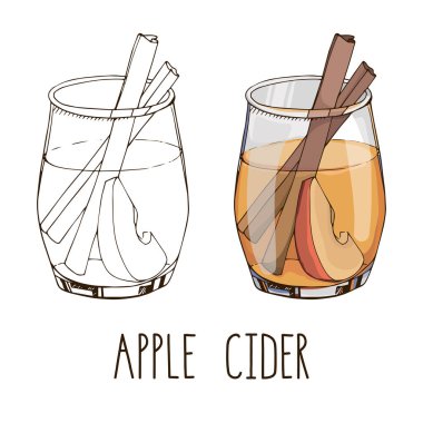 Beyaz arkaplanda el çizimi vektör resimleri var. Baharatlı elma şarabı ve meyve dilimleri. Popüler sıcak kış içeceği. Noel kokteyli. Menü tasarımı. Modern harfler. Katılım ve renk