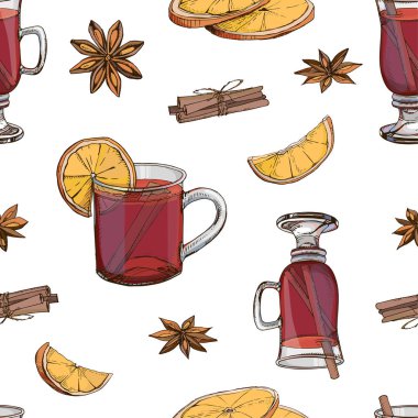 Popüler kış alkollü içeceklerle elde çizilmiş kusursuz bir yöntem. Baharatlı sıcak şarap ve beyaza izole edilmiş narenciye meyvesi. Yeni yıl tasarımı için baskı. Sonsuz doku. Menü dekorasyonu