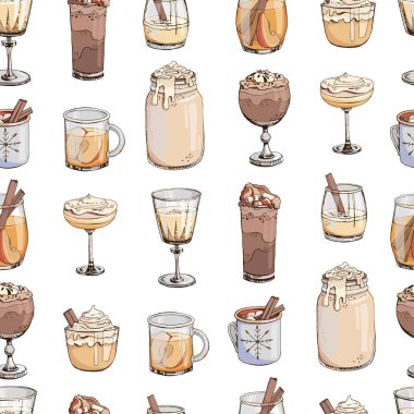Beyaz üzerine izole edilmiş sıcak kış içecekleri olan vektörsüz desen. Moda Yeni Yıl baskısı. Sonsuz doku. Sıcak çikolata, eggnog, elma şarabı, kahve, kakao, şarap, şampanya. Planlayıcı için kapak, yemek kitabı