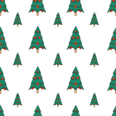 Beyaz arka planda izole edilmiş kırmızı ve yeşil renklerde elle çizilmiş noel ağaçları ile vektörsüz desen. Sonsuz doku. Ambalaj kağıdı, karikatür tarzında pozitif yeni yıl kumaş baskısı