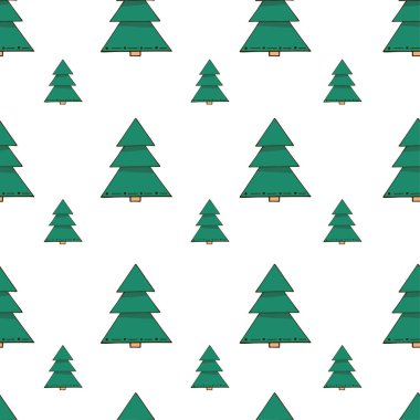 Beyaz arka planda izole edilmiş yeşil renkte elle çizilmiş noel ağaçları olan vektörsüz desen. Sonsuz doku. Paket kağıdı, karalama tarzında pozitif yeni yıl kumaş baskısı