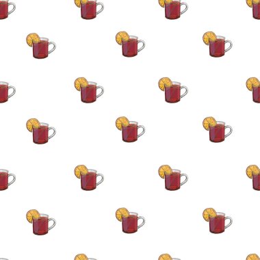 Parlak vektör besin çizimi. Elle çizilmiş pürüzsüz desen ve beyaz üzerine izole edilmiş popüler içecekler. Pozitif moda kumaş baskısı. Kırmızı, kestane rengi, turuncu renkte, uçsuz bucaksız desen..