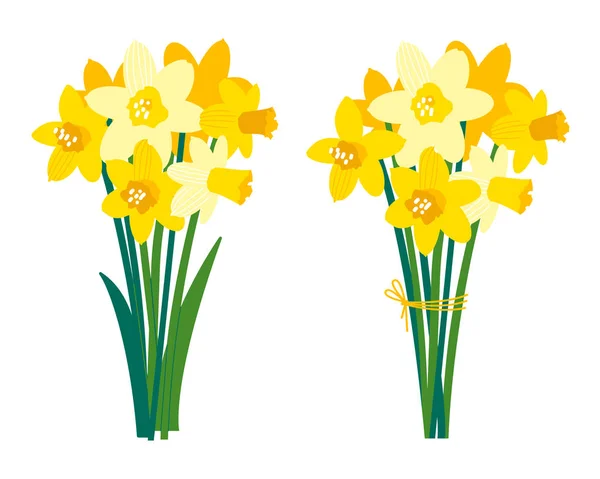 Vector set of floral illustrations isolated on white. Early spring garden flowers. Yellow narcissus. Growing daffodils. Bouquet for bright festive greeting card, poster, banner. Womens Day — 스톡 벡터