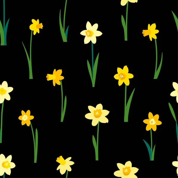Kwiatowy bezszwowy wzór z żółtymi żonkilami i zielonymi liśćmi wyizolowanymi na czarnym tle. Niekończąca się faktura do projektowania wiosną lub latem. Jasny druk tkaniny dla szablonu karty okolicznościowej. — Wektor stockowy