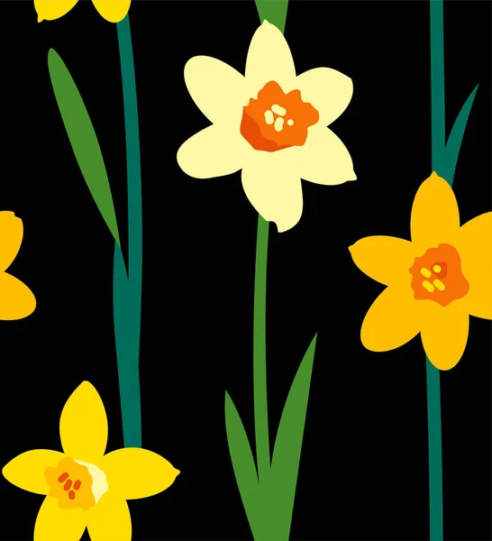 Patrón sin costura floral con narcisos amarillos y ramas verdes aisladas sobre fondo negro. Textura sin fin para el diseño de primavera o verano. Impresión de tela brillante para la plantilla de tarjeta de felicitación . — Vector de stock