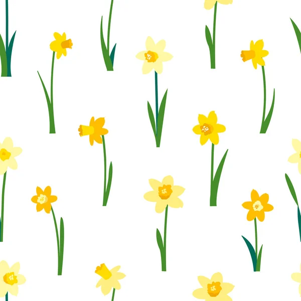 Padrão sem costura floral com narcisos amarelos e folhas verdes isoladas em fundo branco. Textura infinita para design de primavera ou verão. Impressão de tecido brilhante para modelo de cartão de saudação. Dia das mulheres . — Vetor de Stock