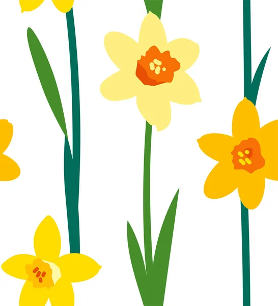 Florales nahtloses Muster mit gelben Narzissen und grünen Zweigen auf weißem Hintergrund. endlose Textur für Frühjahrs- oder Sommerdesign. heller Stoffdruck für Kinder. Feier zum Frauentag — Stockvektor