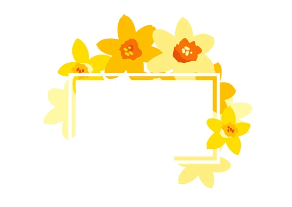 Moldura vetorial positiva brilhante com flores narcisos amarelas isoladas em branco. Modelo de cartão de saudação, cartaz. Conceito de design para banner, oferta de promoção, venda de primavera e verão, publicidade —  Vetores de Stock