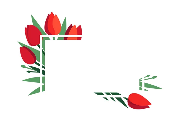 Mise en page vectorielle. Cadre lumineux avec des fleurs de tulipes rouges et des feuilles vertes isolées sur blanc. Modèle de carte de vœux, affiche. Concept de design pour bannière, offre promotionnelle, vente printemps et été, publicité . — Image vectorielle