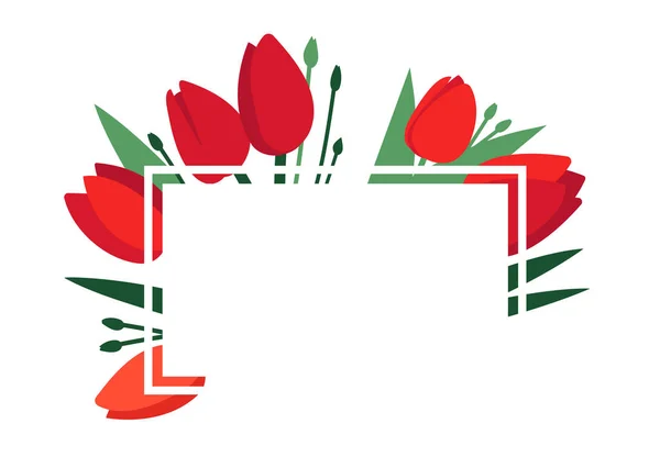 Cadre vectoriel printanier lumineux avec des fleurs de tulipes rouges et des feuilles vertes isolées sur blanc. Modèle de carte de vœux, affiche. Concept de conception pour bannière, offre de promotion. Happy Womens Day — Image vectorielle