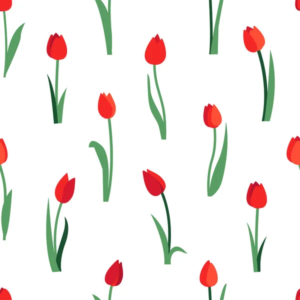 Kwiatowy bezszwowy wzór z czerwonymi kwiatami tulipanów i zielonymi liśćmi wyizolowanymi na białym tle. Niekończąca się faktura do projektowania wiosną lub latem. Jasny druk tkaniny do szablonu karty okolicznościowej. Dzień Kobiet. — Wektor stockowy