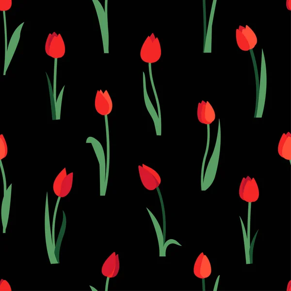 Florales nahtloses Muster mit roten Tulpenblüten und grünen Blättern auf schwarzem Hintergrund. Endlose Textur für Frühlings- oder Sommerdesign. Heller Stoffdruck für Grußkarten-Vorlage. Frauentag. — Stockvektor