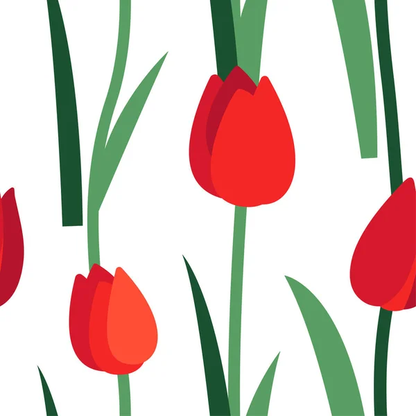 Motif floral sans couture avec des fleurs de tulipes rouges et des feuilles vertes isolées sur fond blanc. Texture infinie pour un design printanier ou estival. Impression en tissu brillant pour modèle de carte de vœux. Journée de la femme . — Image vectorielle