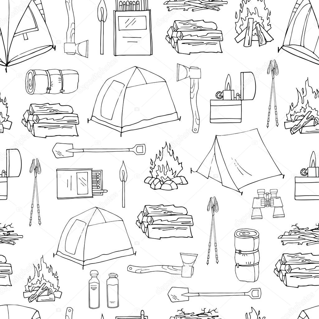 Hand drawn vector seamless pattern with black elements isolated on white. Endless texture. Hiking and camping tourist tent, campfire, firewood, axe, shovel, reusable bottles. Print. Outdoor adventures