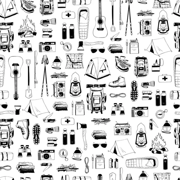 Vector seamless pattern with black elements isolated on white. Trendy endless texture. Print for tourism, camping. Backpack, boots, tent, compass, map, flashlight, binoculars, camera, bottle of water — Stock Vector